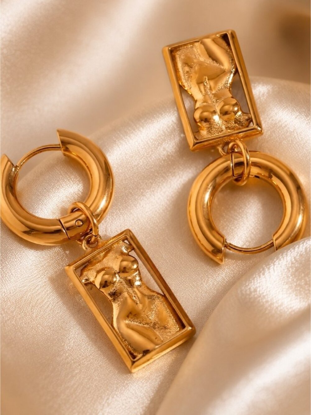 Gold color Sculpted Figure Hoop Drop Earrings